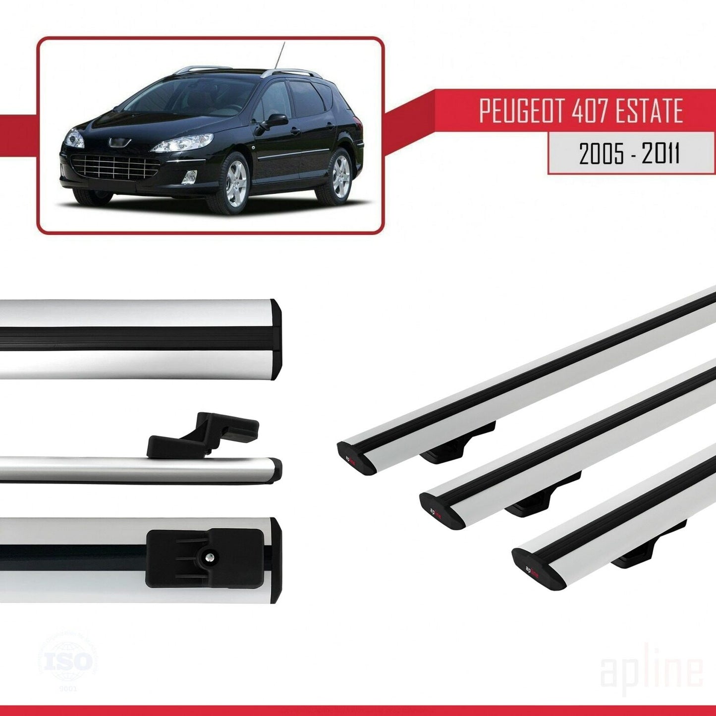 Compatible avec Peugeot 407 Break 2005-2011 BASIC Model Barres de Toit Railing Porte-Bagages de Voiture Gris Aluminium 3 Barres