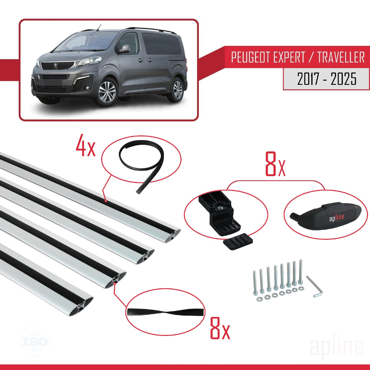 Compatible avec Peugeot Expert 3 Traveller 2017-2025 BASIC Model Barres de Toit Railing Porte-Bagages de Voiture Gris Aluminium 4 Barres