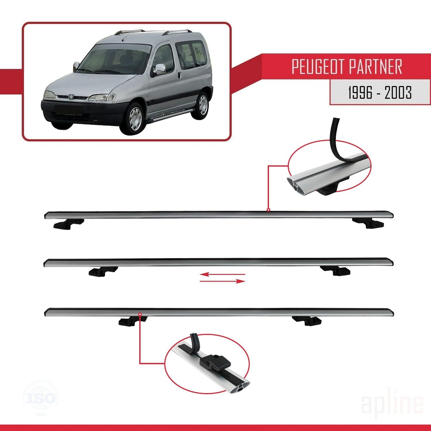 Compatible avec Peugeot Partner Pre-Facelift 1996-2003 BASIC Model Barres de Toit Railing Porte-Bagages de Voiture Gris Aluminium 3 Barres