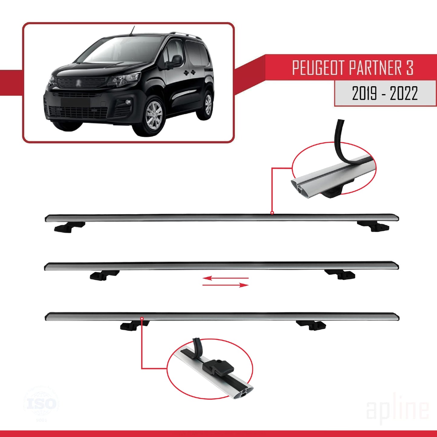 Compatible avec Peugeot Partner 3 2019-2022 BASIC Model Barres de Toit Railing Porte-Bagages de Voiture Gris Aluminium 2 Barres