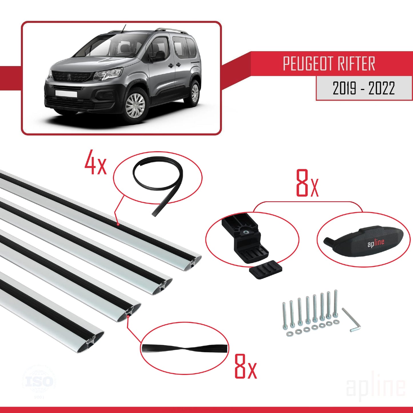 Compatible with Peugeot Rifter 2019-2022 BASIC Model Car Roof Rack Cross Bar Grey Aluminium 4 Bars