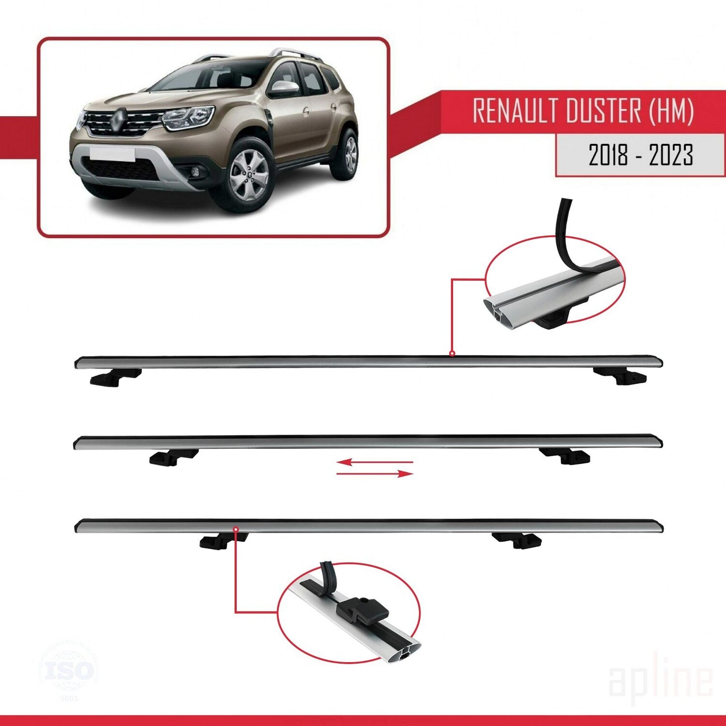 Compatible with Renault Duster 2 (HM) 2018-2024 BASIC Model Car Roof Rack Cross Bar Grey Aluminium 2 Bars