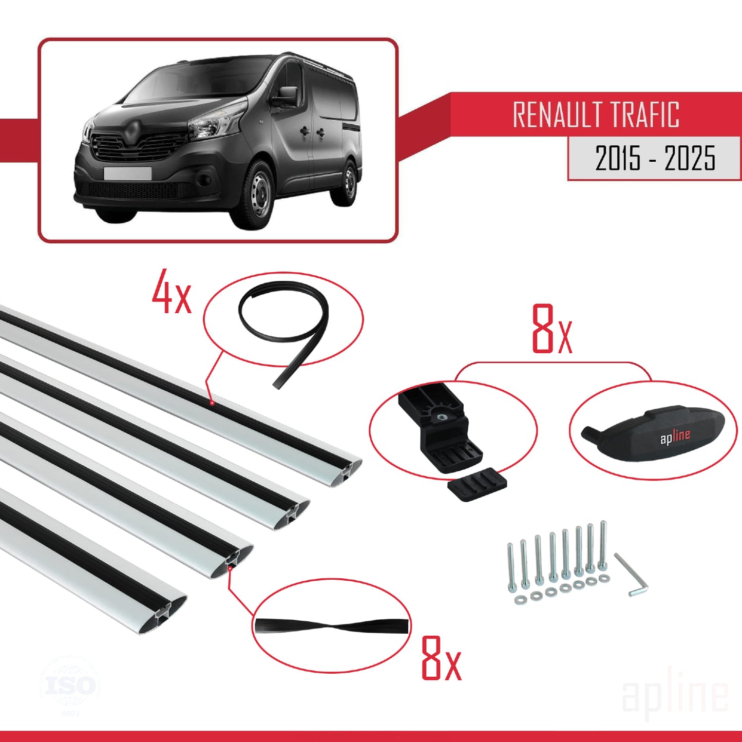 Compatible avec Renault Trafic 3 (X82) 2015-2025 BASIC Model Barres de Toit Railing Porte-Bagages de Voiture Gris Aluminium 4 Barres
