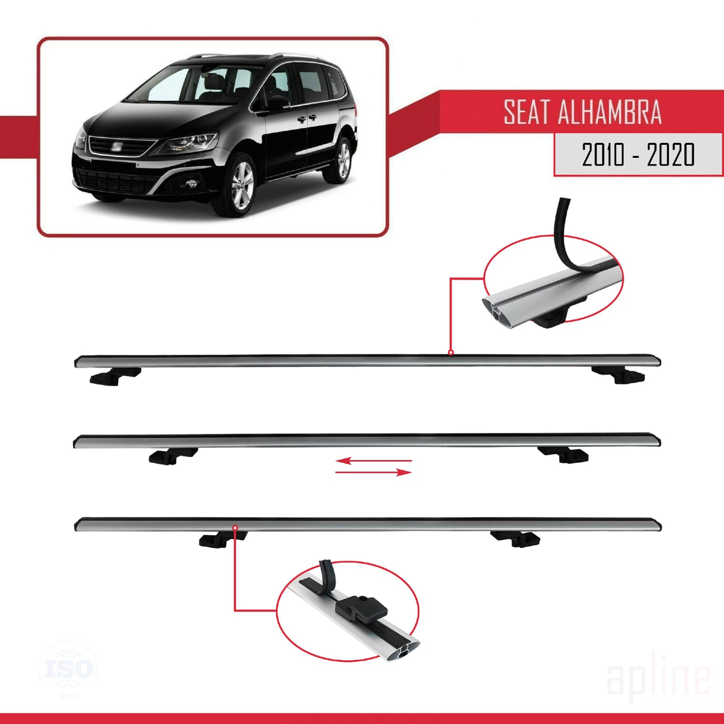 Compatible with Seat Alhambra 2 (7N) 2010-2020 BASIC Model Car Roof Rack Cross Bar Grey Aluminium 3 Bars