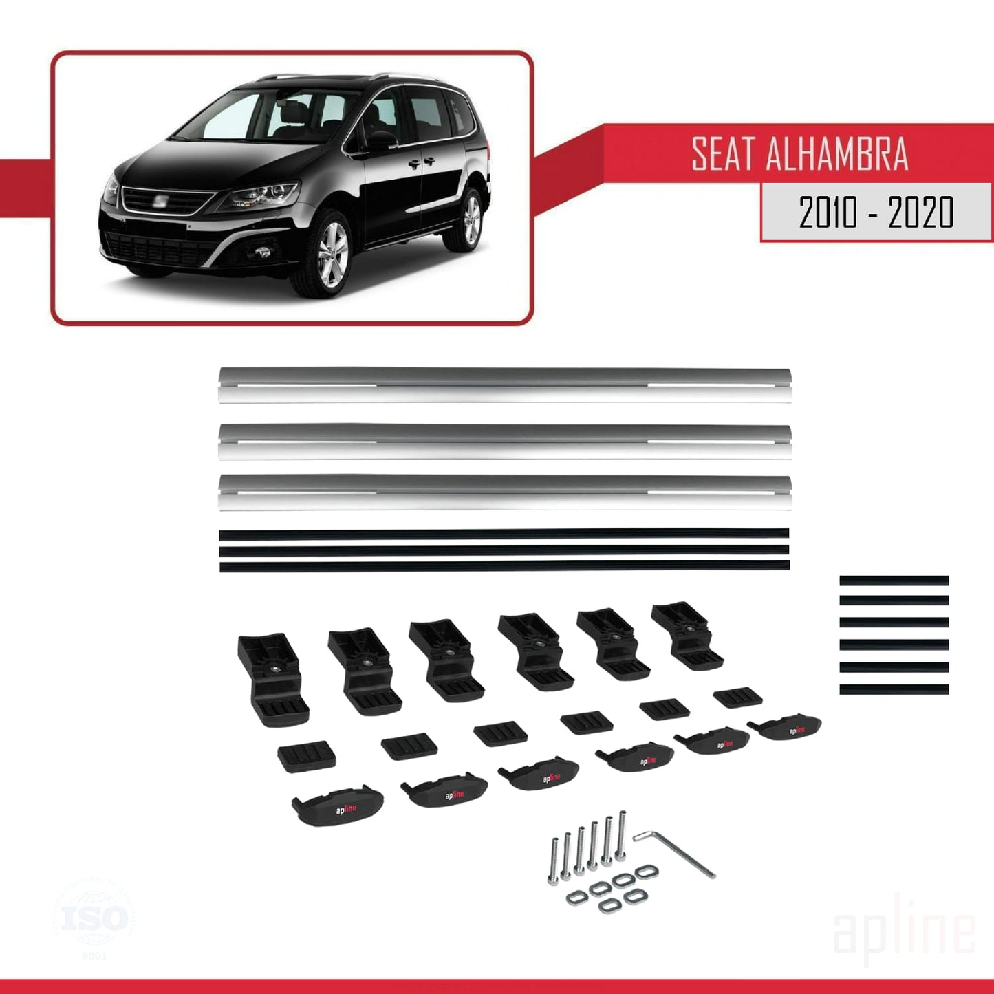 Compatible with Seat Alhambra 2 (7N) 2010-2020 BASIC Model Car Roof Rack Cross Bar Grey Aluminium 3 Bars
