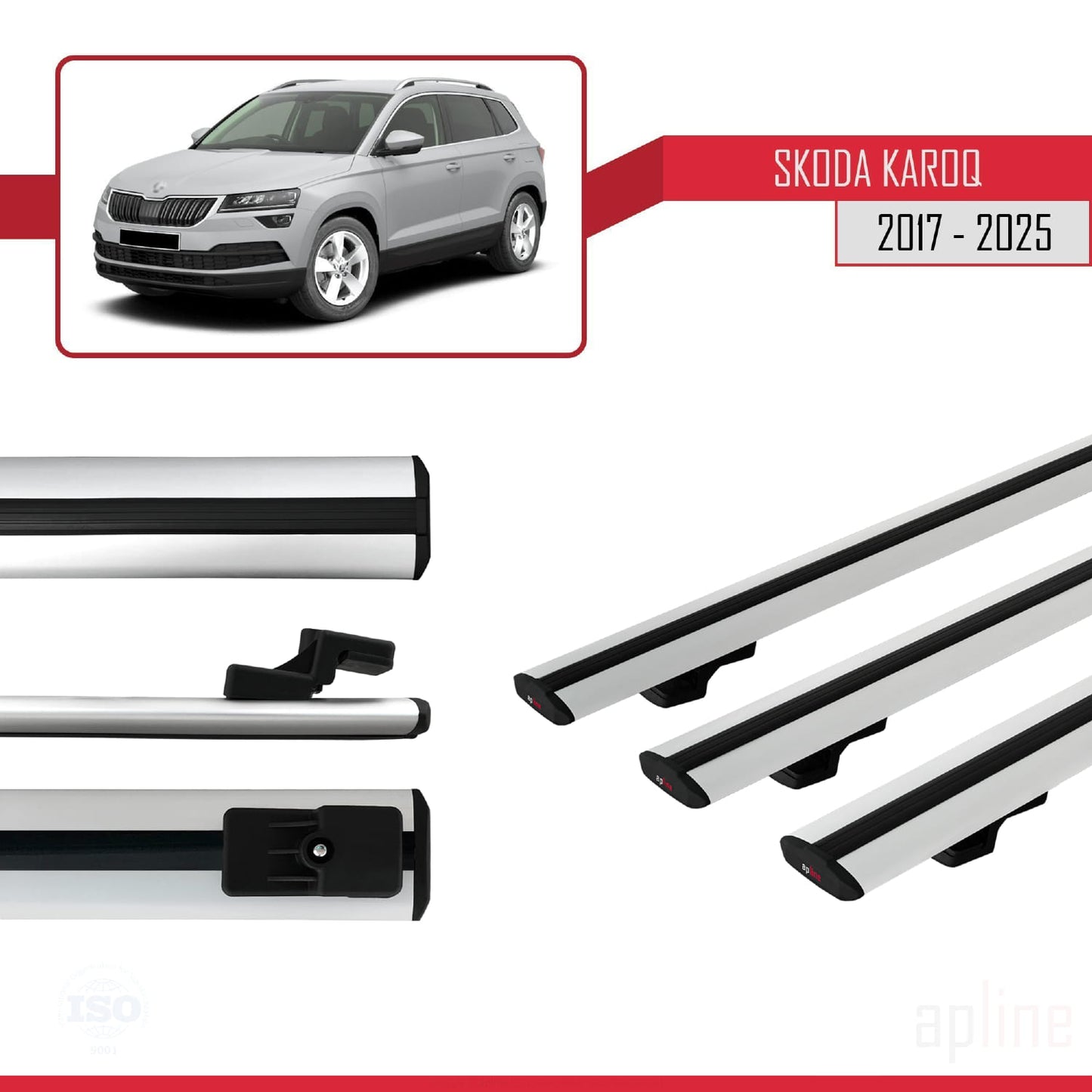 Compatible with Skoda Karoq 2017-2025 BASIC Model Car Roof Rack Cross Bar Grey Aluminium 3 Bars