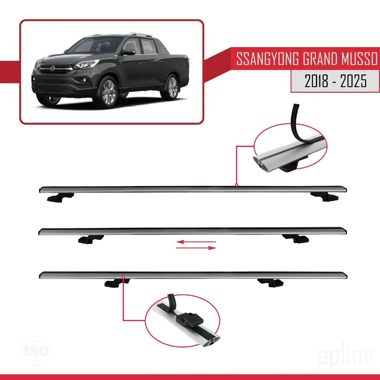 Compatible avec Ssangyong Grand Musso 2018-2025 BASIC Model Barres de Toit Railing Porte-Bagages de Voiture Gris Aluminium 2 Barres