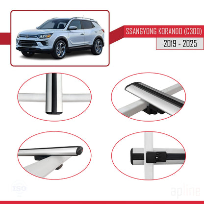 Compatible avec Ssangyong Korando 4 (C300) 2019-2025 BASIC Model Barres de Toit Railing Porte-Bagages de Voiture Gris Aluminium 2 Barres