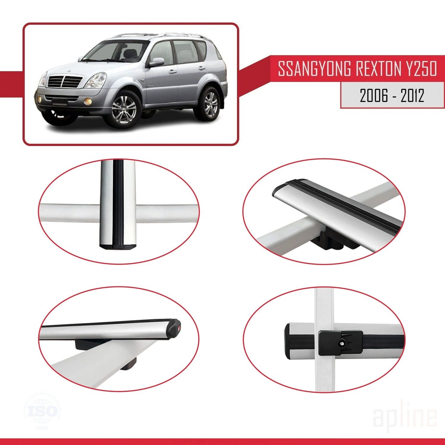 Compatible with Ssangyong Rexton (Y250) 2006-2012 BASIC Model Car Roof Rack Cross Bar Grey Aluminium 3 Bars