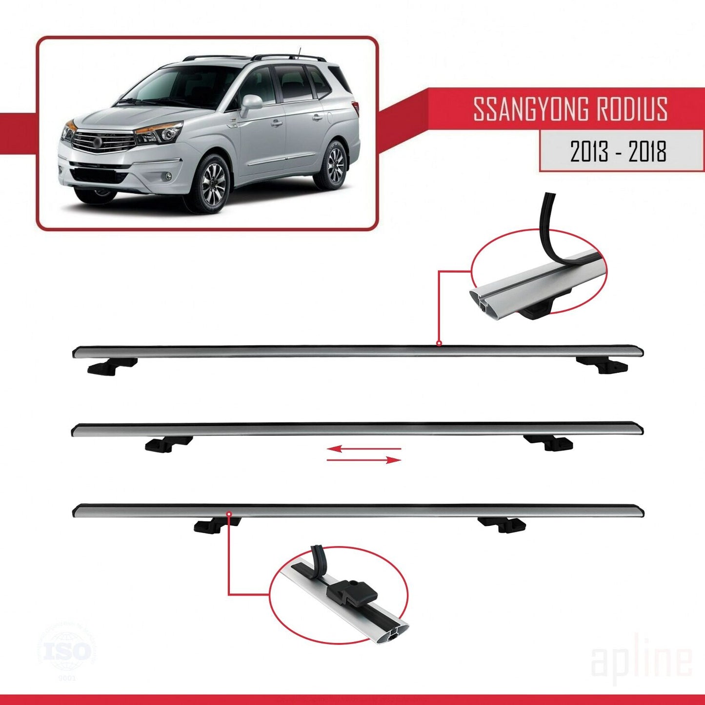 Compatible avec Ssangyong Rodius 2 2013-2018 BASIC Model Barres de Toit Railing Porte-Bagages de Voiture Gris Aluminium 3 Barres