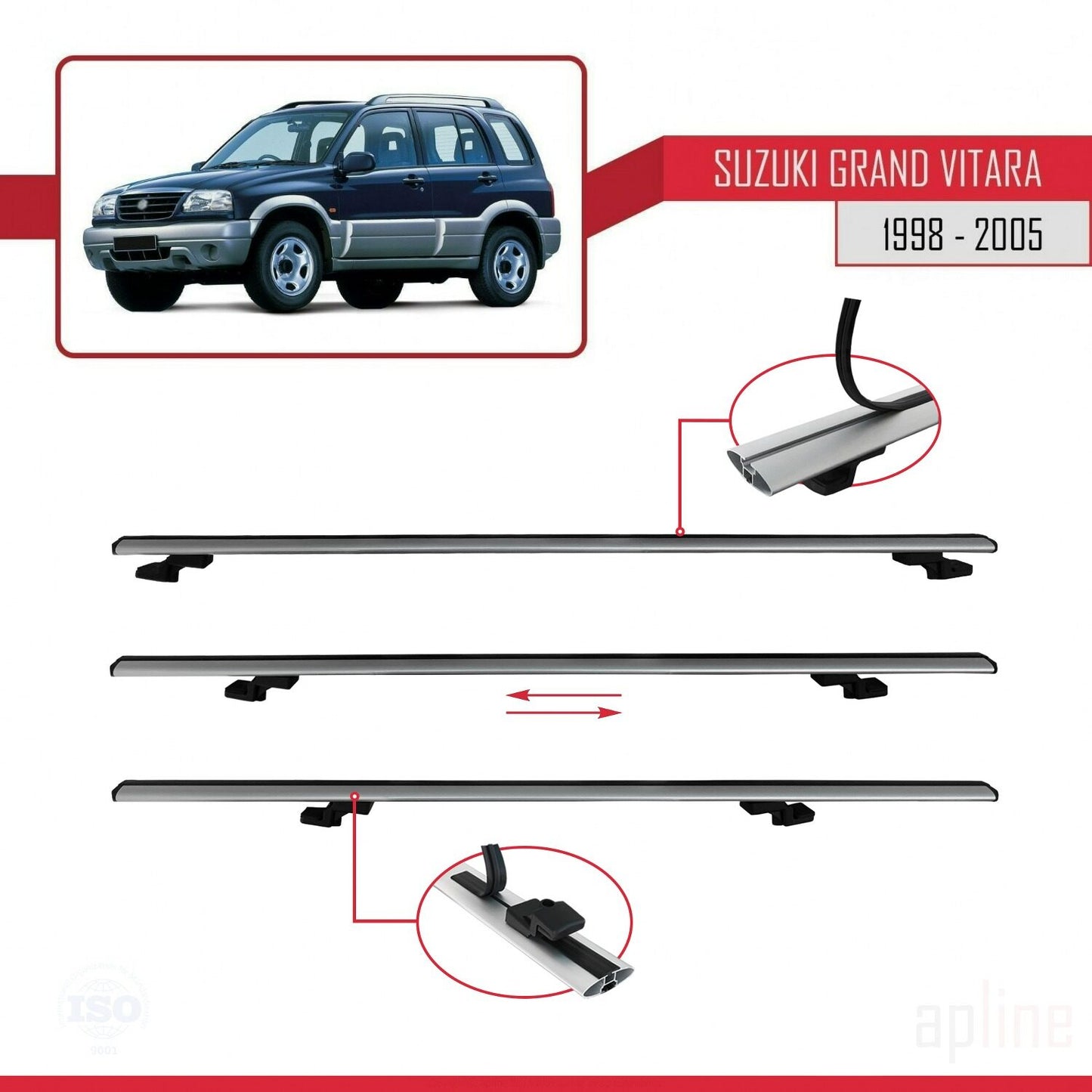 Compatible avec Suzuki Grand Vitara (FT) 1998-2005 BASIC Model Barres de Toit Railing Porte-Bagages de Voiture Gris Aluminium 3 Barres