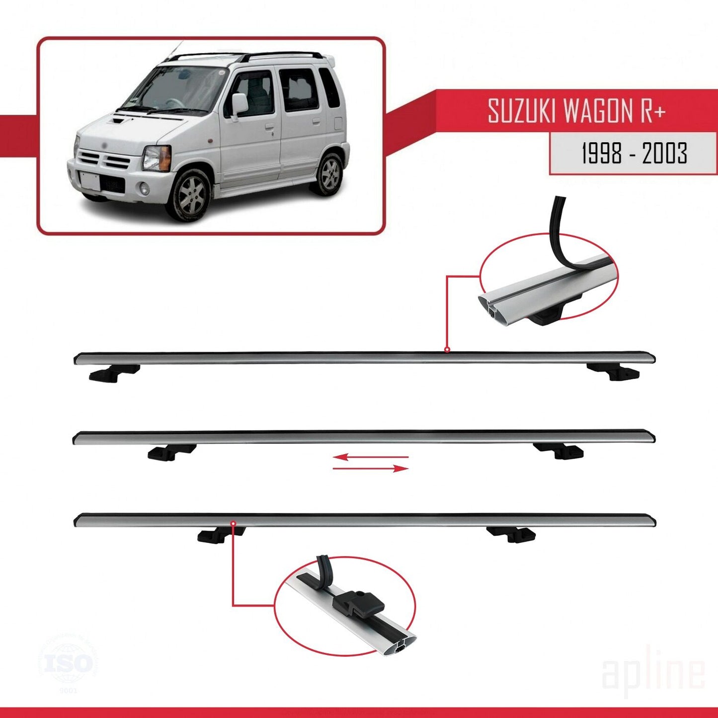 Compatible avec Suzuki Wagon R+ 1998-2003 BASIC Model Barres de Toit Railing Porte-Bagages de Voiture Gris Aluminium 3 Barres