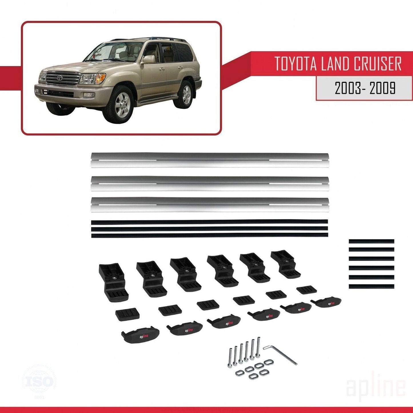Compatible avec Toyota Land Cruiser (J100) 2003-2007 BASIC Model Barres de Toit Railing Porte-Bagages de Voiture Gris Aluminium 3 Barres
