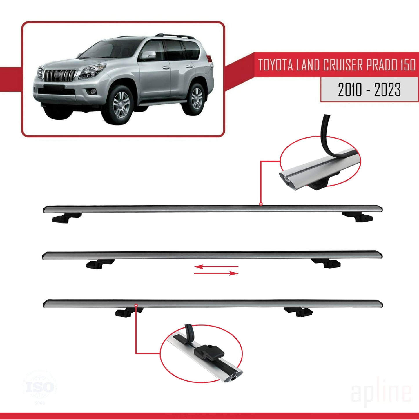 Compatible avec Toyota Land Cruiser Prado (J150) 2010-2023 BASIC Model Barres de Toit Railing Porte-Bagages de Voiture Gris Aluminium 3 Barres