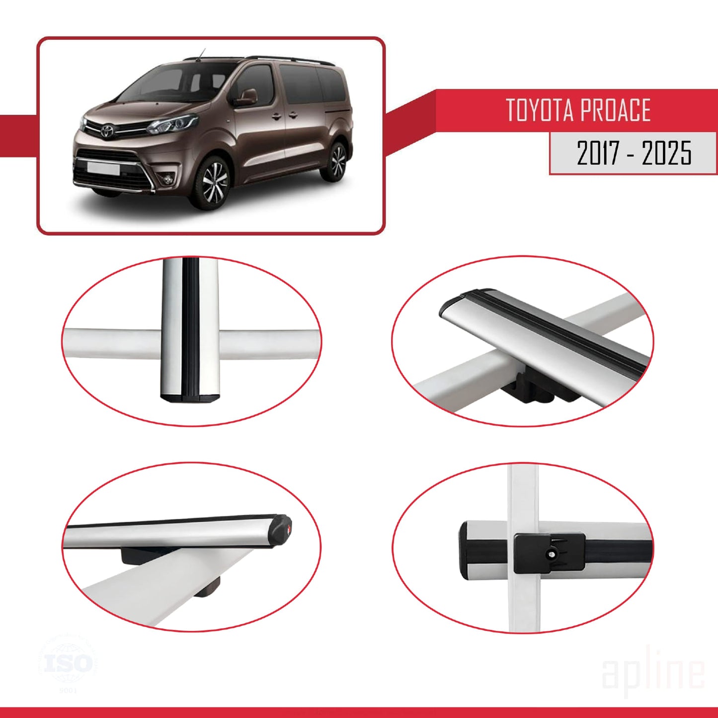 Compatible avec Toyota Proace 2017-2025 BASIC Model Barres de Toit Railing Porte-Bagages de Voiture Gris Aluminium 2 Barres