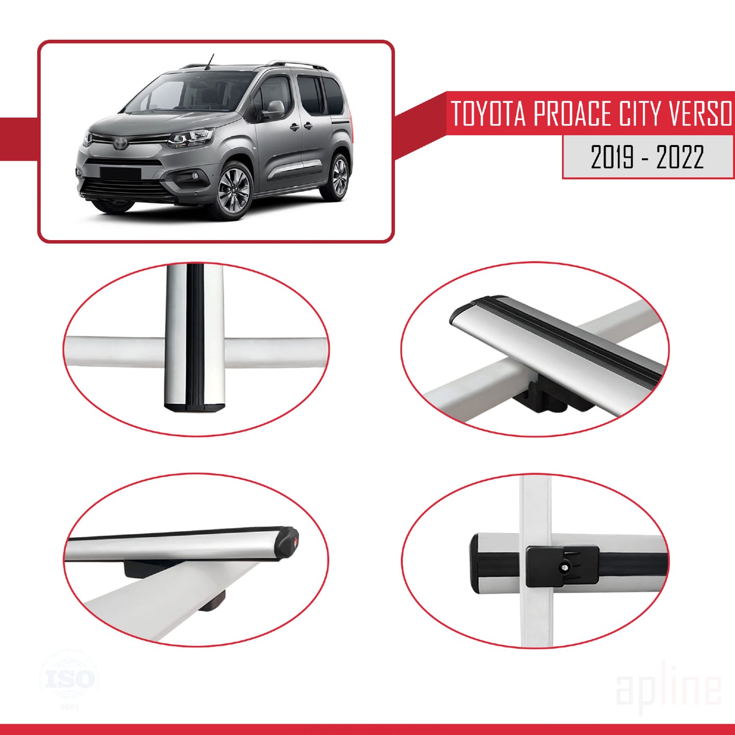 Compatible avec Toyota Proace City Verso 2019-2022 BASIC Model Barres de Toit Railing Porte-Bagages de Voiture Gris Aluminium 3 Barres