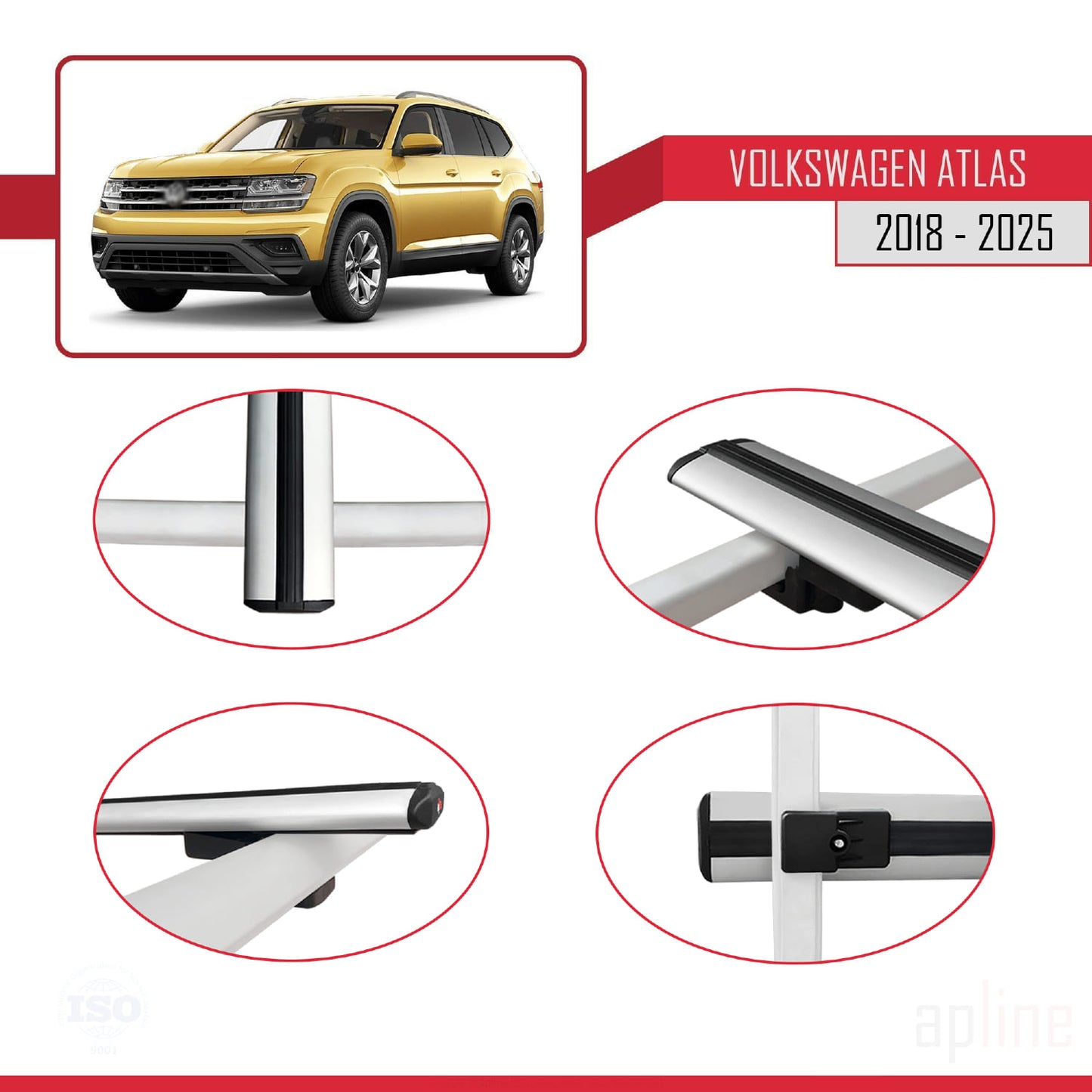 Compatible avec Volkswagen Atlas (CA1) 2018-2025 BASIC Model Barres de Toit Railing Porte-Bagages de Voiture Gris Aluminium 3 Barres