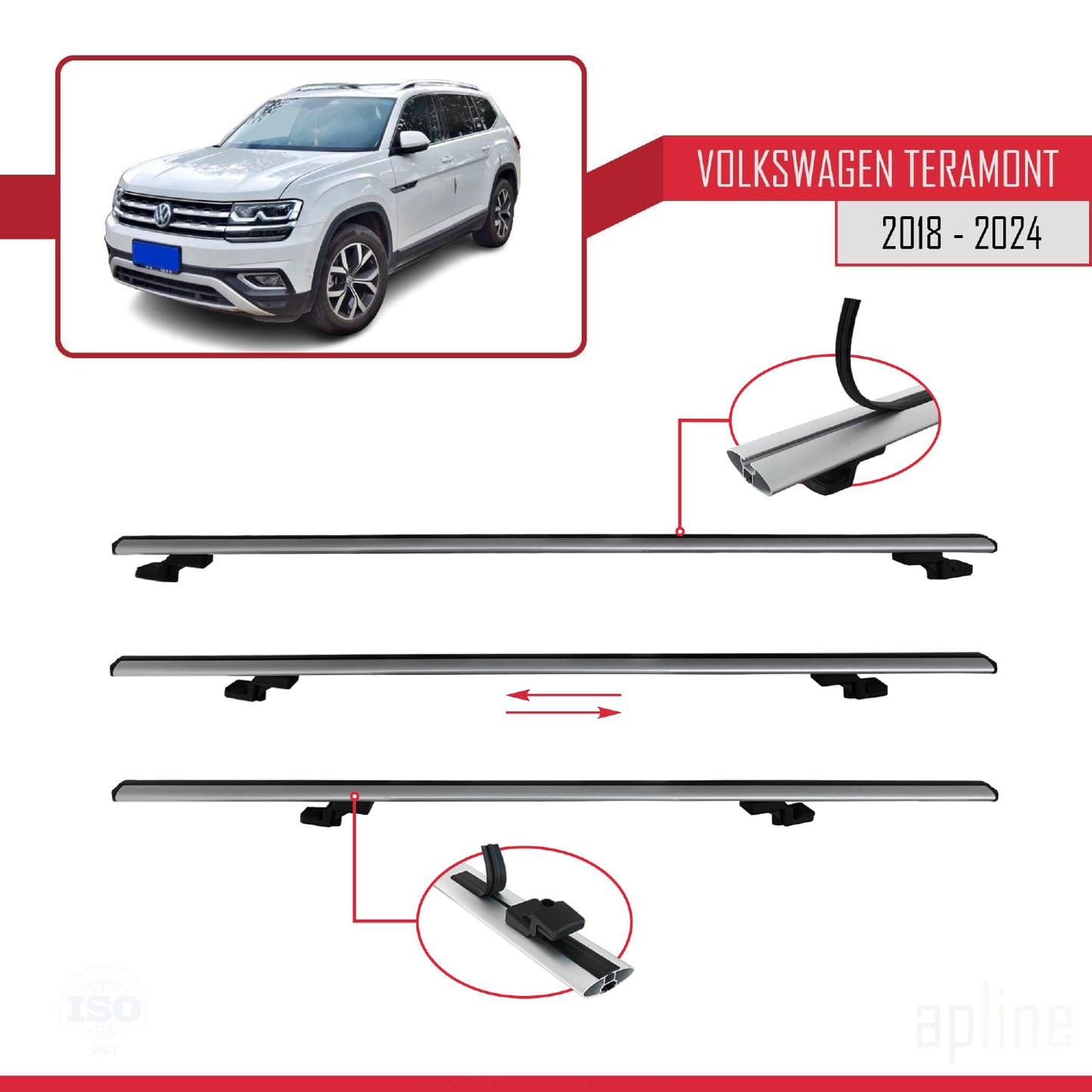 Compatible avec Volkswagen Teramont (CA1) 2018-2024 BASIC Model Barres de Toit Railing Porte-Bagages de Voiture Gris Aluminium 3 Barres