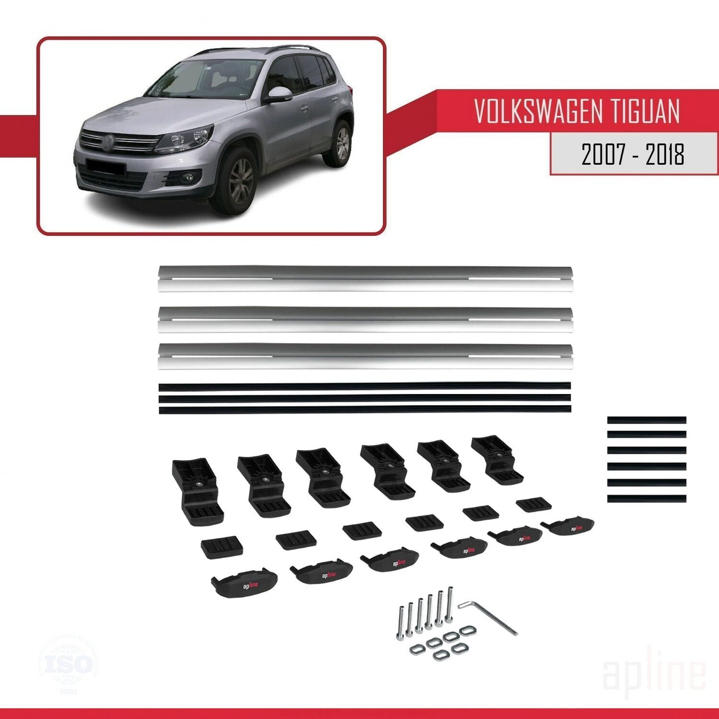 Compatible avec Volkswagen Tiguan (5N) 2007-2016 BASIC Model Barres de Toit Railing Porte-Bagages de Voiture Gris Aluminium 3 Barres