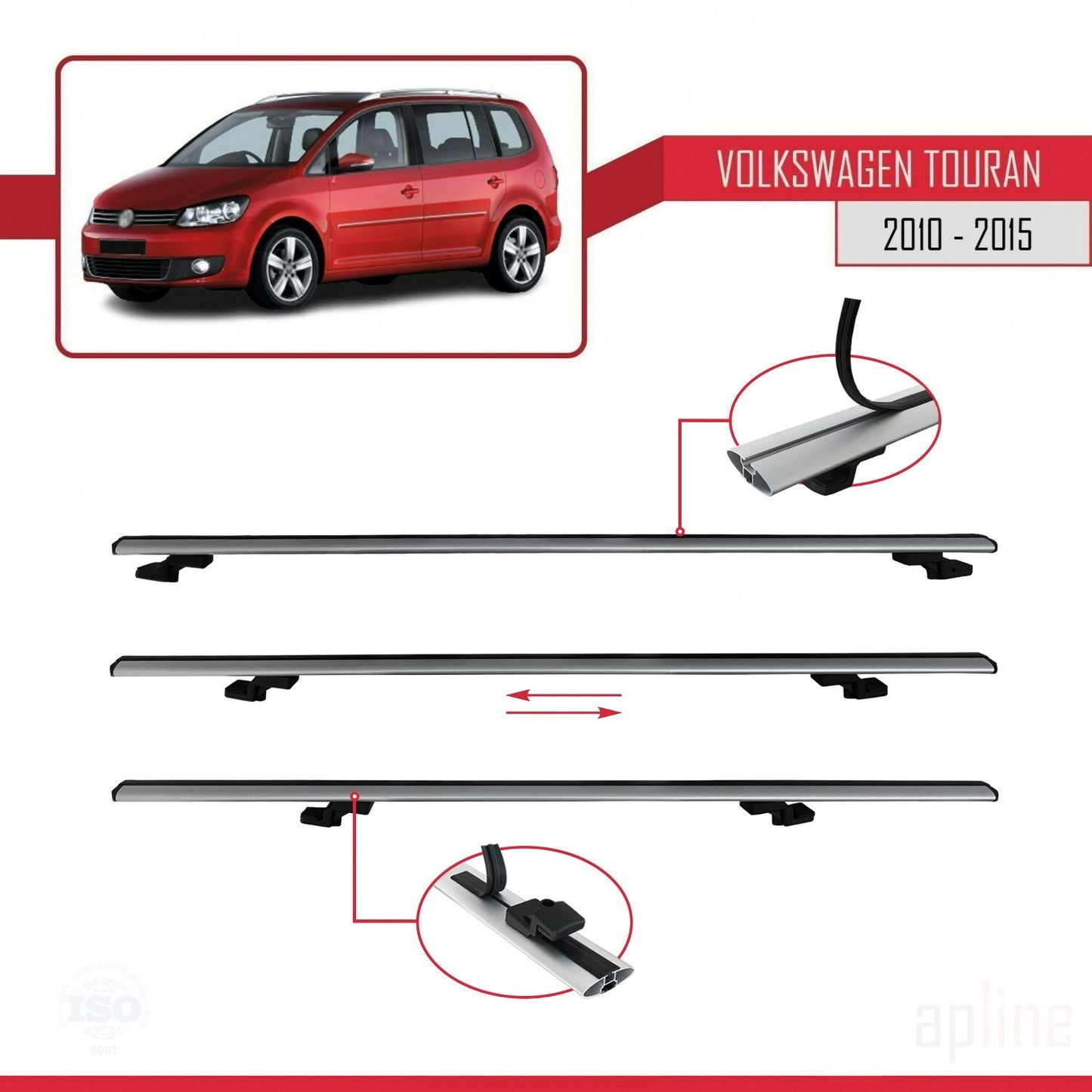 Compatible avec Volkswagen Touran (1T) Post-Facelift 2010-2015 BASIC Model Barres de Toit Railing Porte-Bagages de Voiture Gris Aluminium 2 Barres