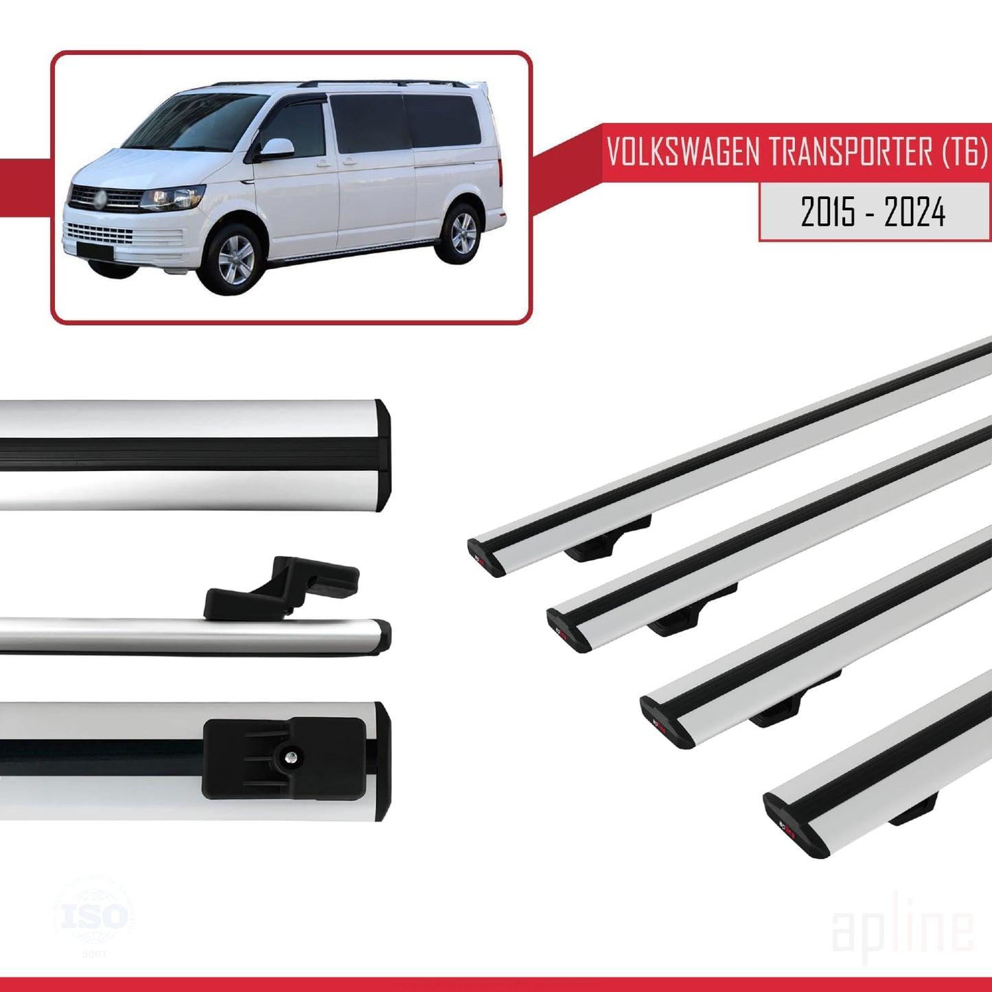 Compatible avec Volkswagen T6 Transporter 2015-2024 BASIC Model Barres de Toit Railing Porte-Bagages de Voiture Gris Aluminium 4 Barres