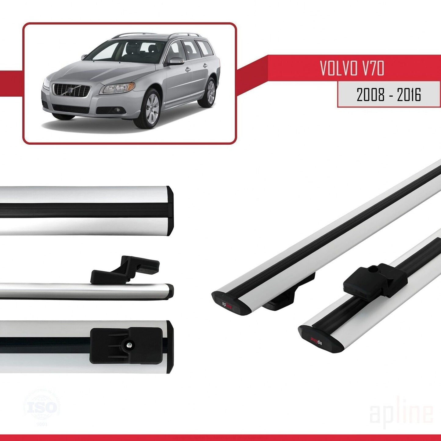 Compatible avec Volvo V70 III 2008-2016 BASIC Model Barres de Toit Railing Porte-Bagages de Voiture Gris Aluminium 2 Barres