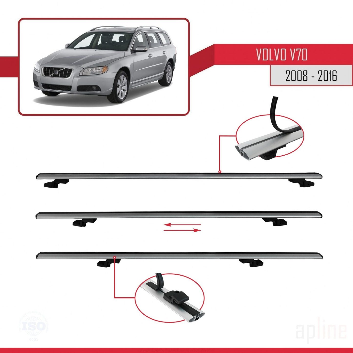 Compatible avec Volvo V70 III 2008-2016 BASIC Model Barres de Toit Railing Porte-Bagages de Voiture Gris Aluminium 2 Barres