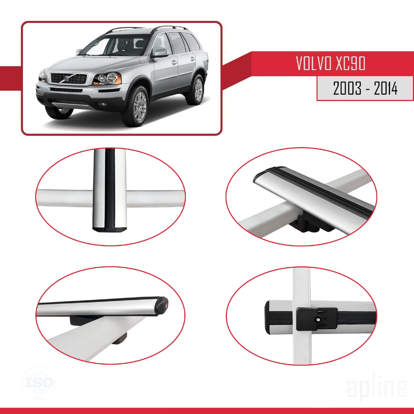 Compatible avec Volvo XC90 2003-2014 BASIC Model Barres de Toit Railing Porte-Bagages de Voiture Gris Aluminium 2 Barres
