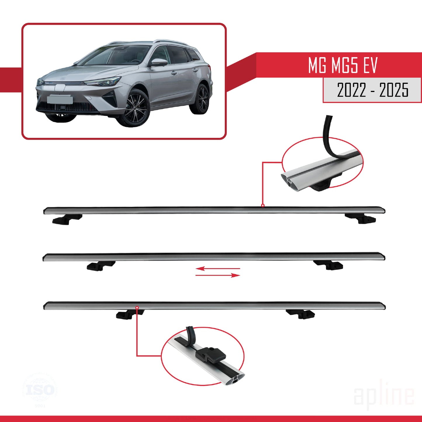 Compatible with MG 5 EV 2022-2025 BASIC Model Car Roof Rack Cross Bar Grey Aluminium 3 Bars