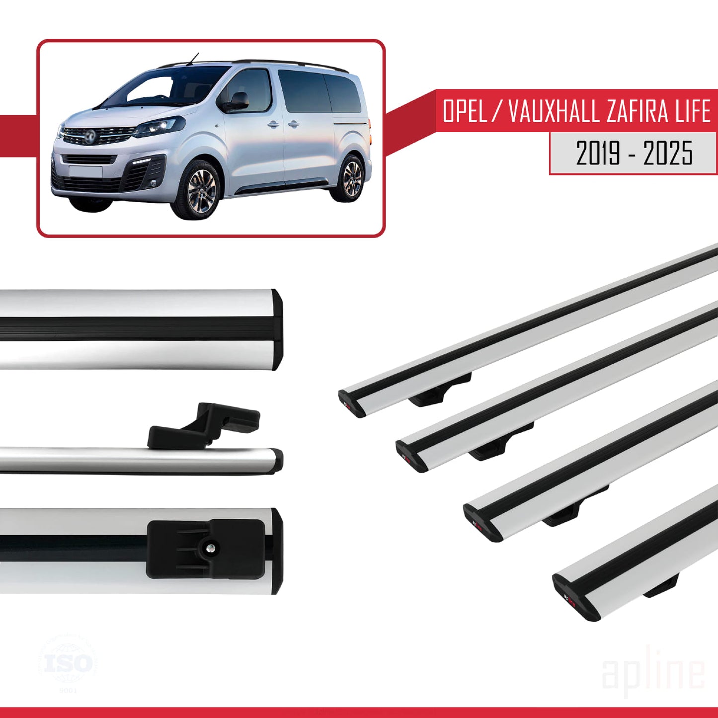Compatible avec Opel Zafira Life 2019-2025 BASIC Model Barres de Toit Railing Porte-Bagages de Voiture Gris Aluminium 4 Barres