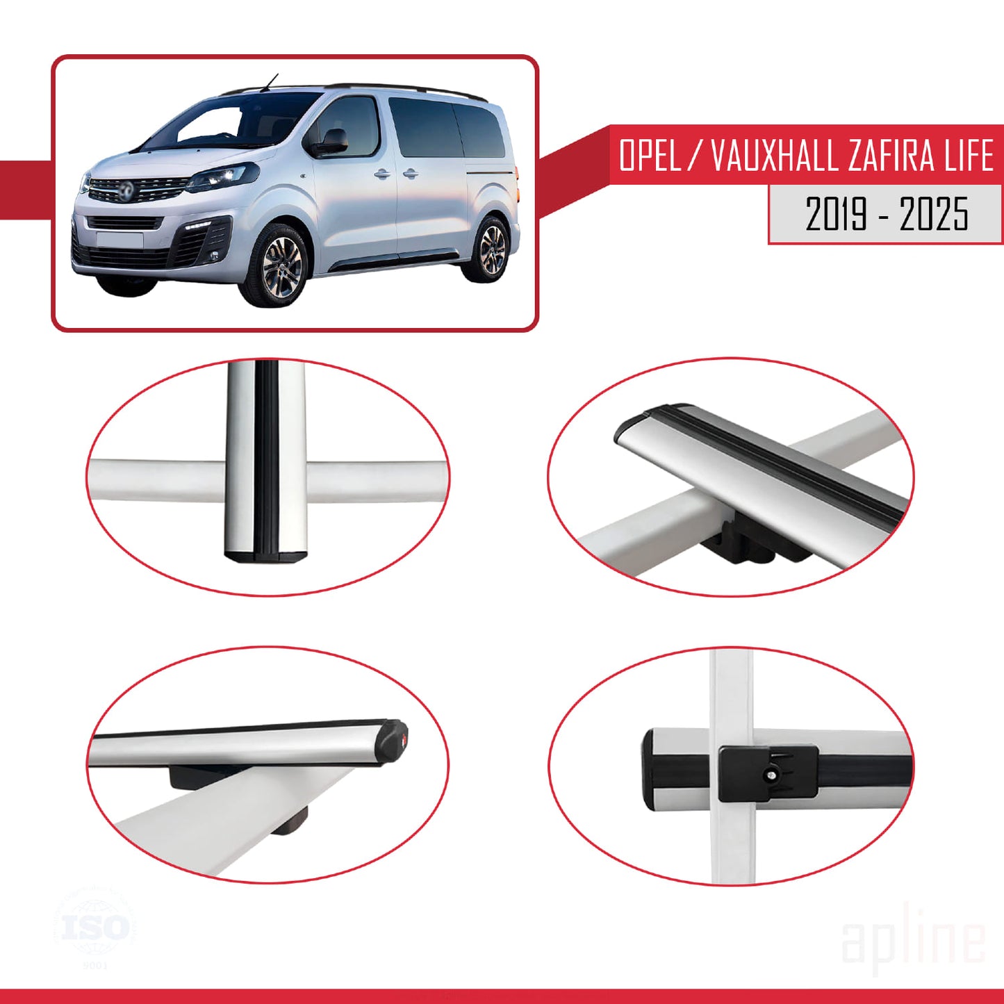 Compatible avec Opel Zafira Life 2019-2025 BASIC Model Barres de Toit Railing Porte-Bagages de Voiture Gris Aluminium 4 Barres