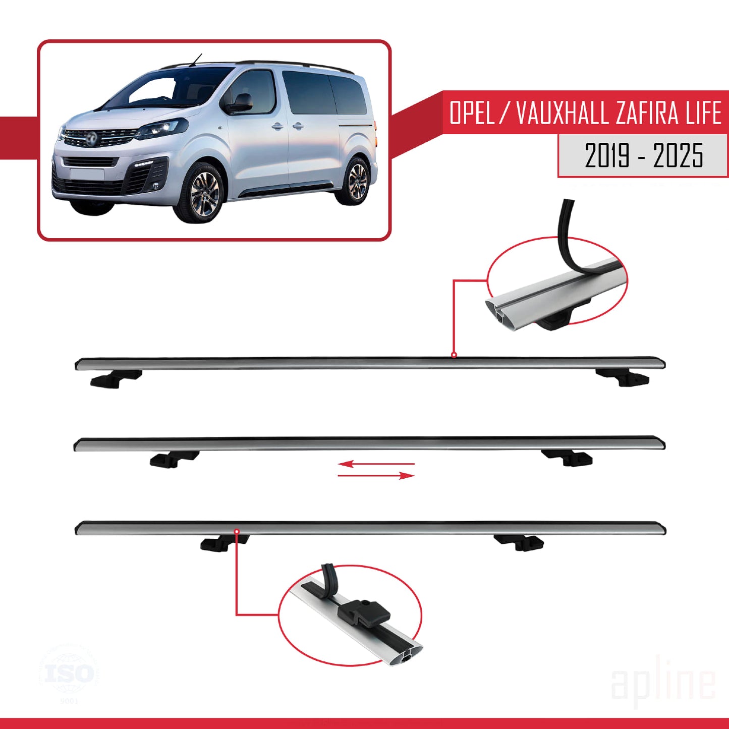 Compatible avec Opel Zafira Life 2019-2025 BASIC Model Barres de Toit Railing Porte-Bagages de Voiture Gris Aluminium 2 Barres