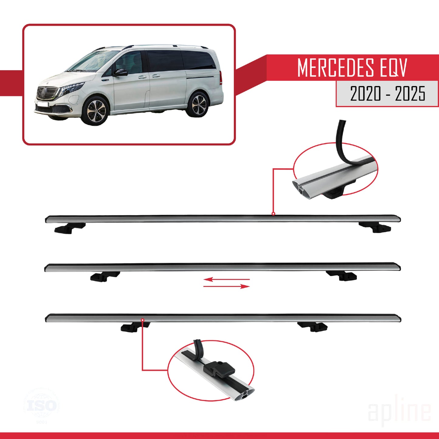 Compatible with Mercedes EQV (W447) 2020-2025 BASIC Model Car Roof Rack Cross Bar Grey Aluminium 4 Bars