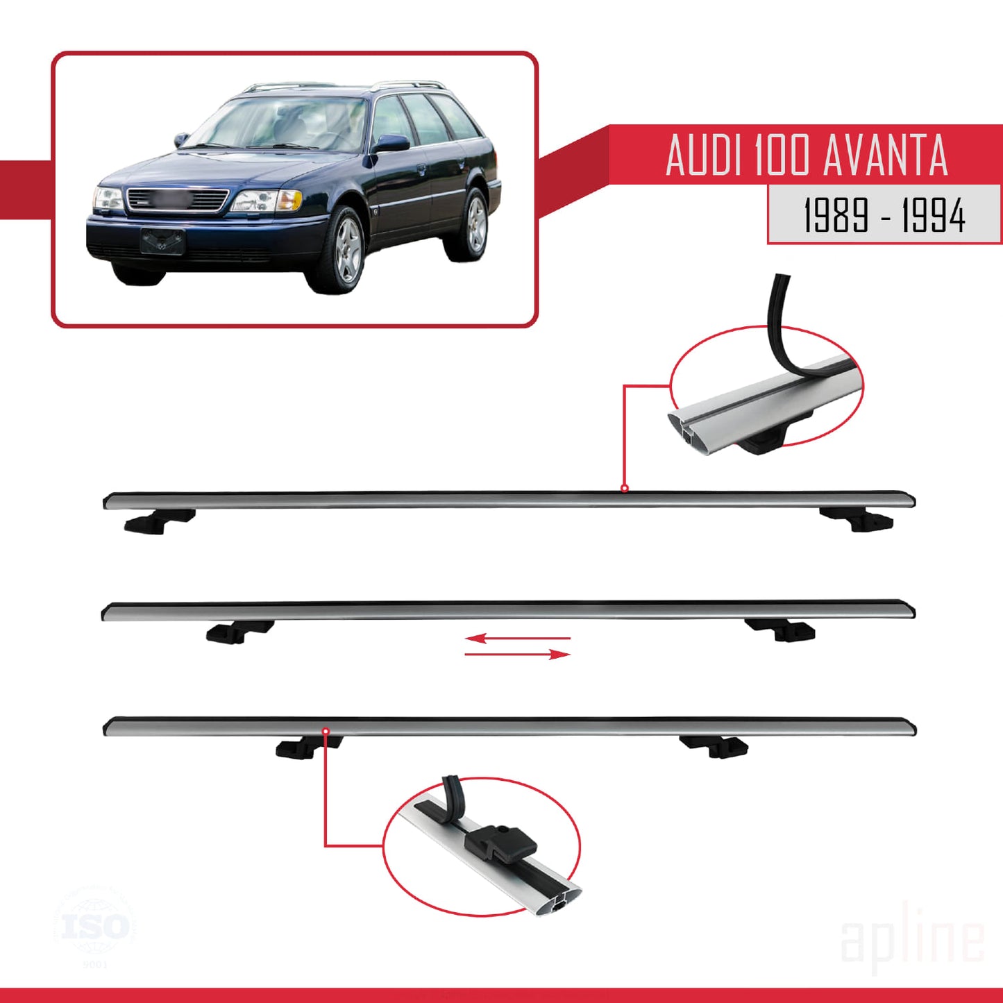 Compatible avec Audi 100 Avanta 1989-1994 BASIC Model Barres de Toit Railing Porte-Bagages de Voiture Gris Aluminium 3 Barres