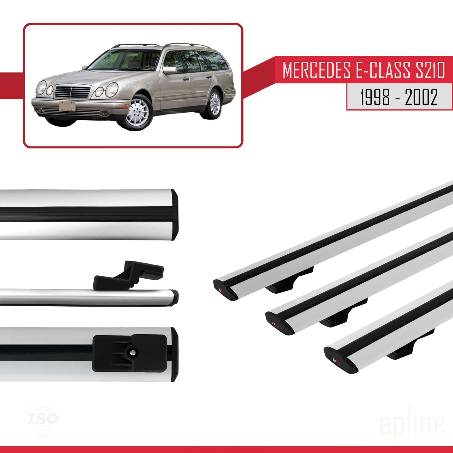 Compatible with Mercedes E Class S210 Wagon 1998-2002 BASIC Model Car Roof Rack Cross Bar Grey Aluminium 3 Bars