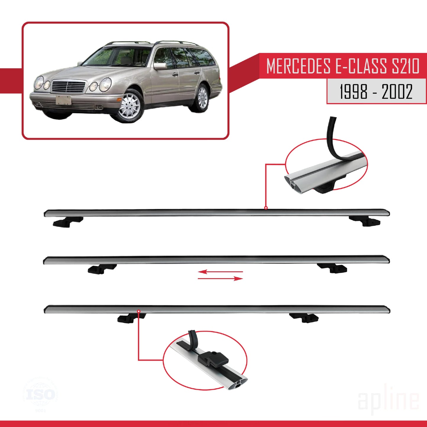 Compatible with Mercedes E Class S210 Wagon 1998-2002 BASIC Model Car Roof Rack Cross Bar Grey Aluminium 3 Bars