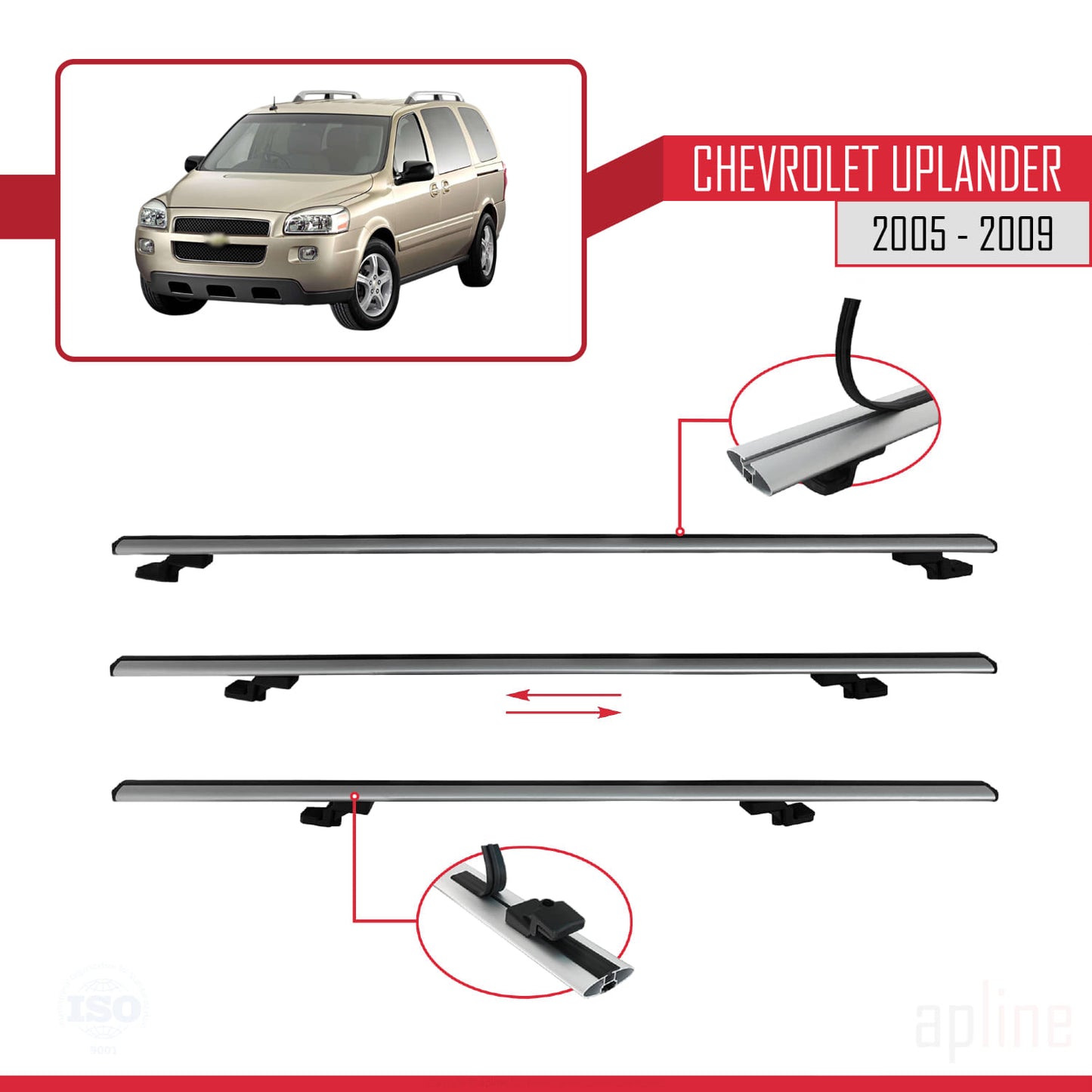 Compatible with Chevrolet Uplander 2005-2009 BASIC Model Car Roof Rack Cross Bar Grey Aluminium 2 Bars
