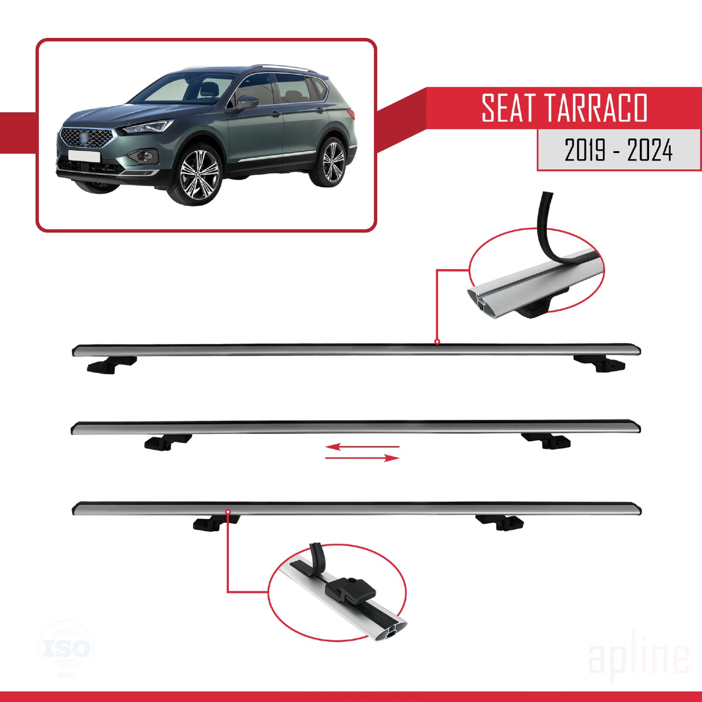 Compatible avec Seat Tarraco 2019-2024 BASIC Model Barres de Toit Railing Porte-Bagages de Voiture Gris Aluminium 2 Barres