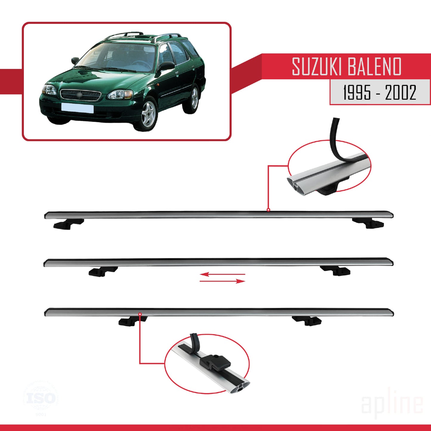 Compatible avec Suzuki Baleno 1995-2002 BASIC Model Barres de Toit Railing Porte-Bagages de Voiture Gris Aluminium 2 Barres