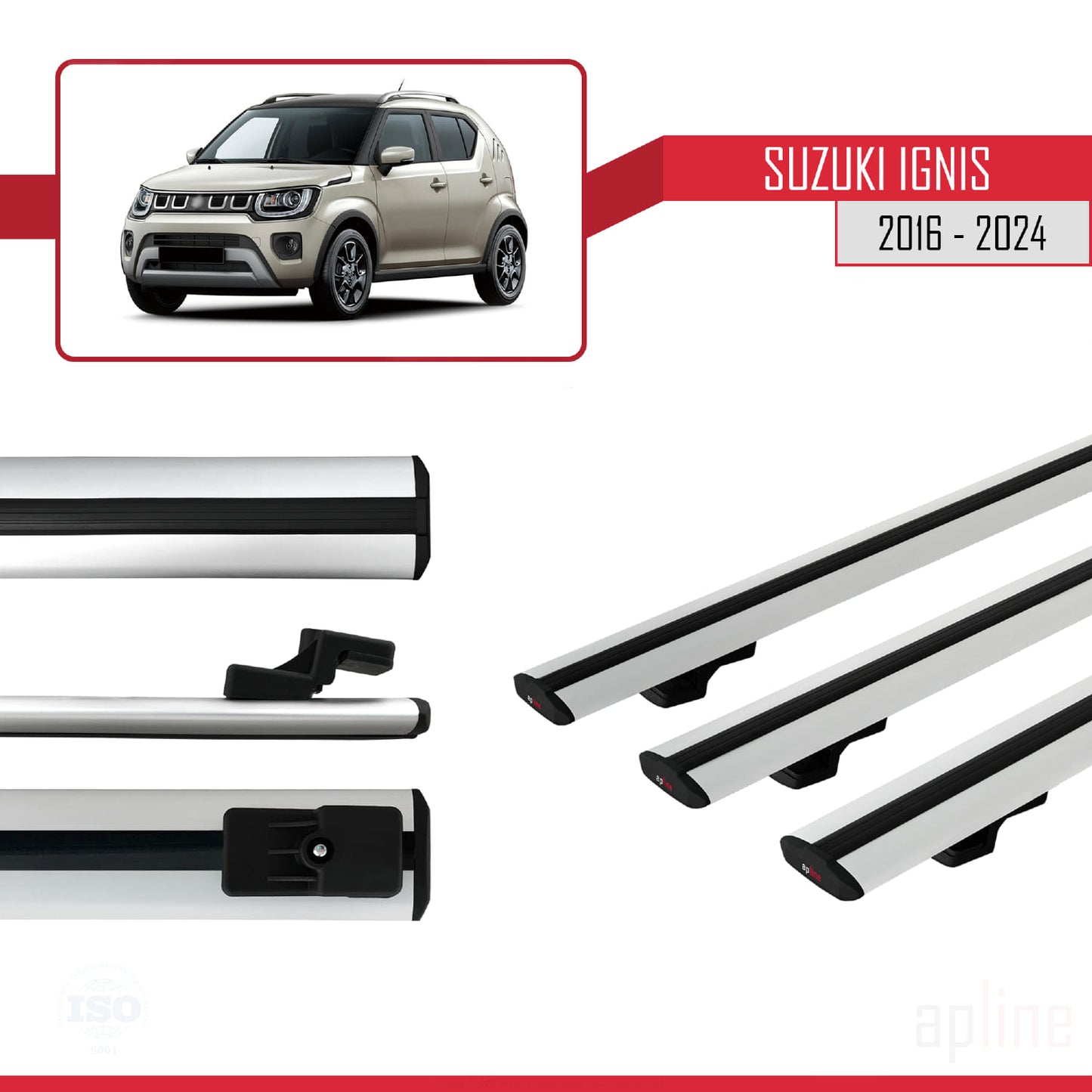 Compatible avec Suzuki Ignis 2016-2024 BASIC Model Barres de Toit Railing Porte-Bagages de Voiture Gris Aluminium 3 Barres