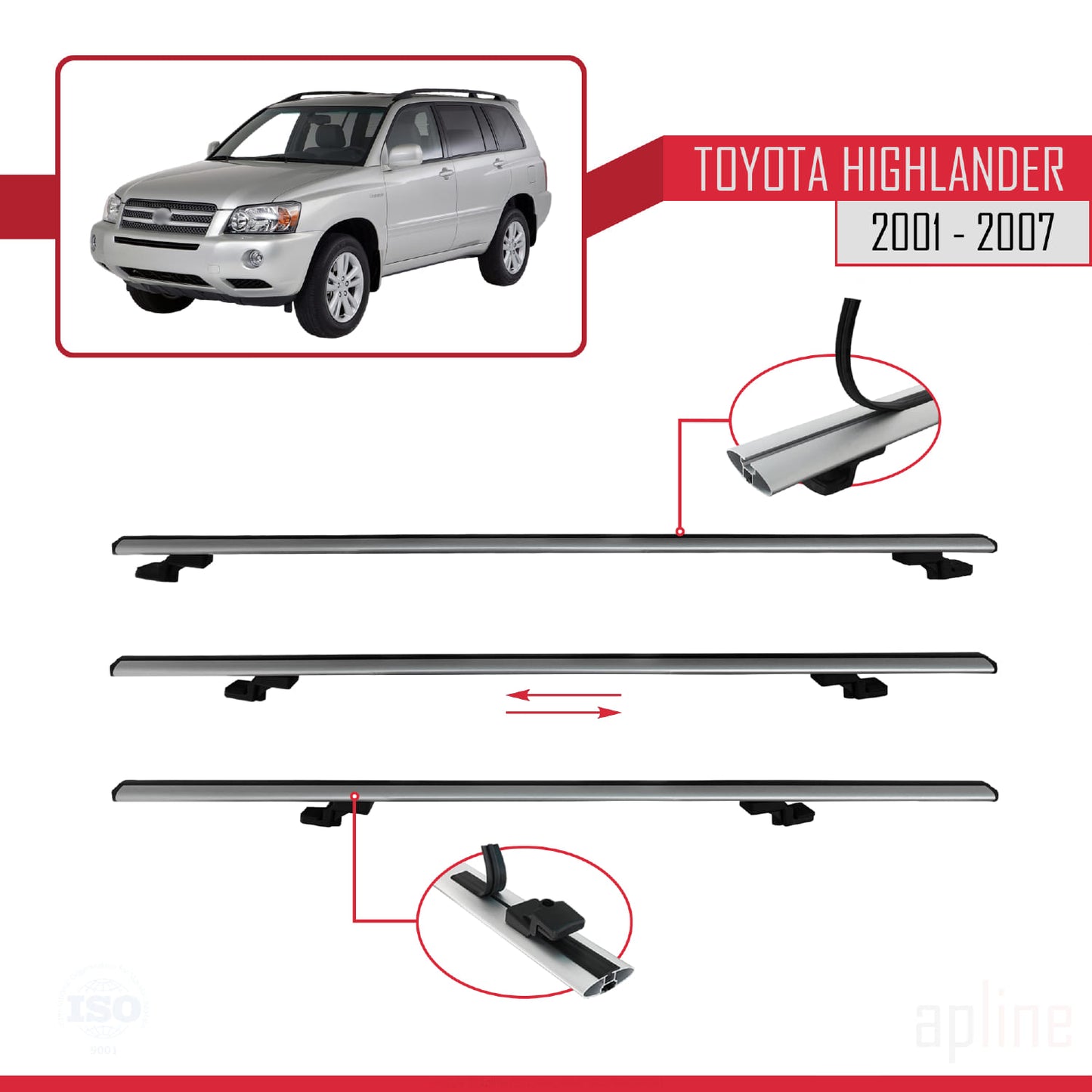 Compatible avec Toyota Highlander 2001-2007 BASIC Model Barres de Toit Railing Porte-Bagages de Voiture Gris Aluminium 2 Barres
