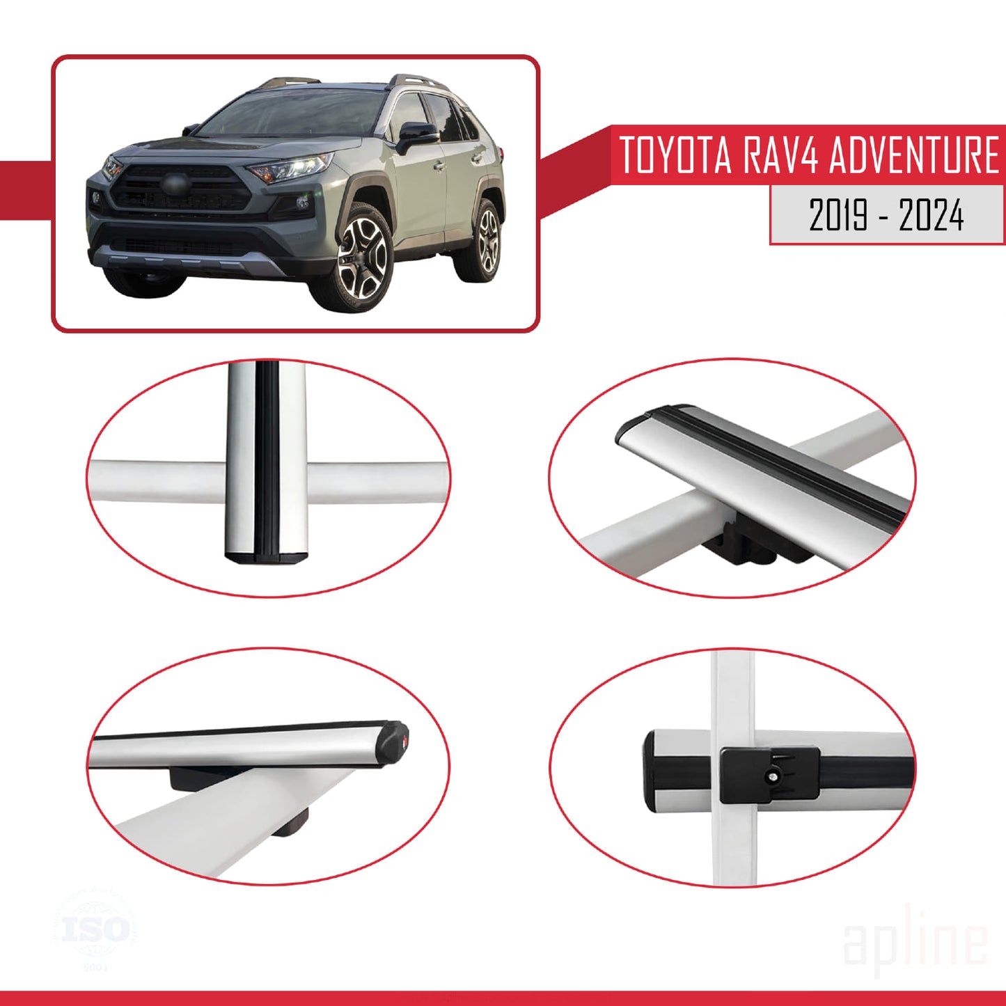 Compatible avec Toyota RAV4 Adventure 2019-2024 BASIC Model Barres de Toit Railing Porte-Bagages de Voiture Gris Aluminium 2 Barres