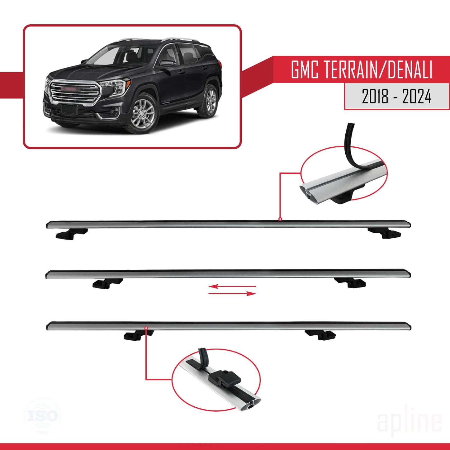 Compatible avec GMC Terrain / Denali 2018-2024 BASIC Model Barres de Toit Railing Porte-Bagages de Voiture Gris Aluminium 2 Barres