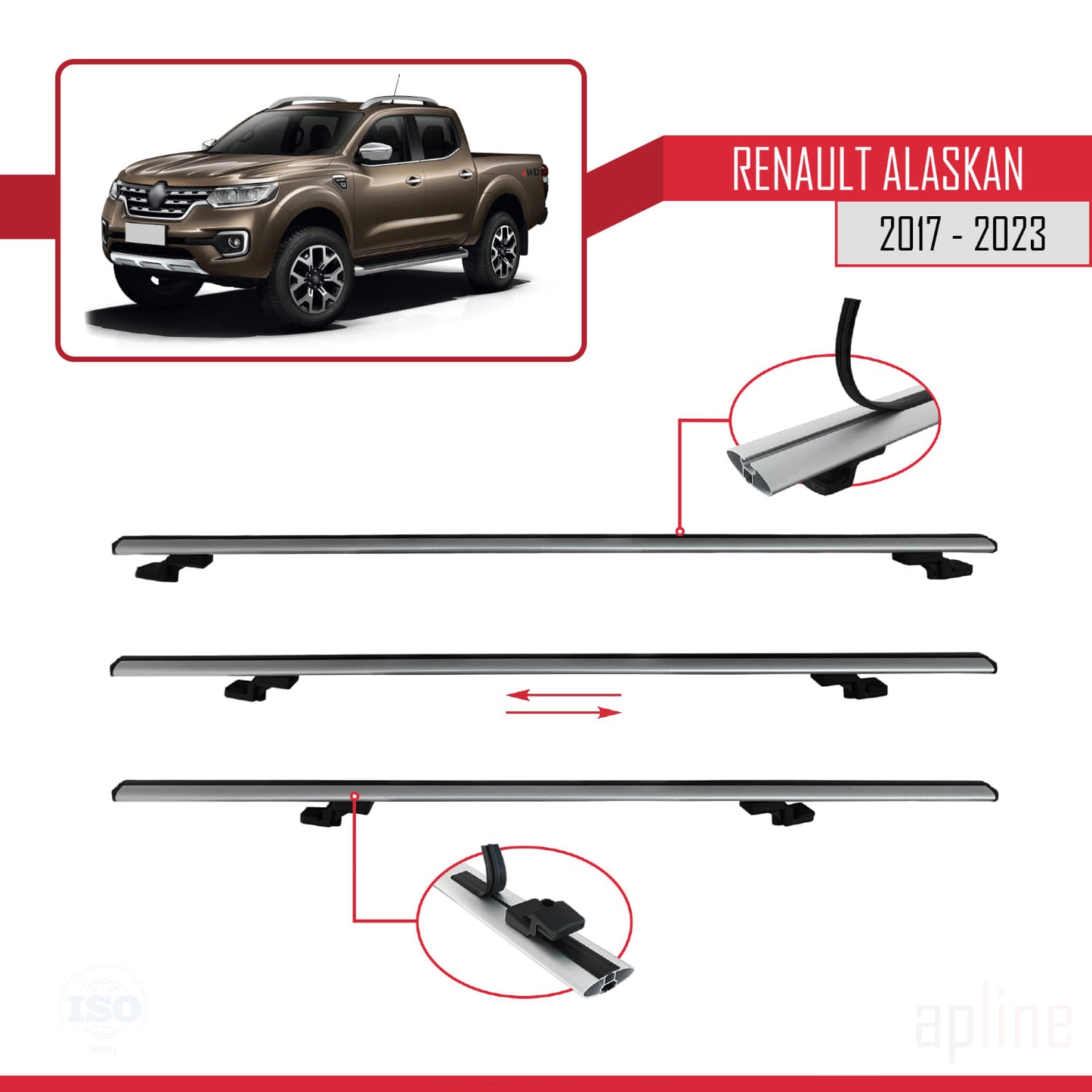 Compatible with Renault Alaskan 2017-2023 BASIC Model Car Roof Rack Cross Bar Grey Aluminium 3 Bars