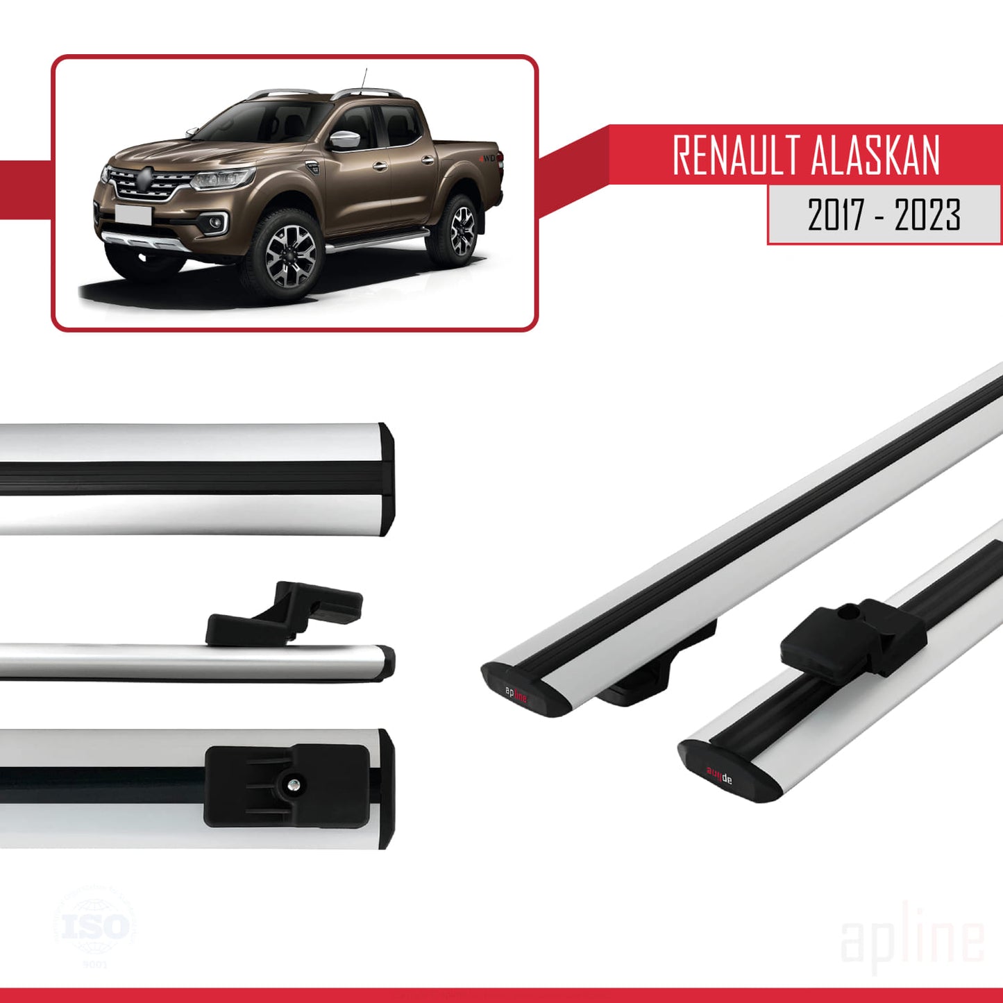 Compatible with Renault Alaskan 2017-2023 BASIC Model Car Roof Rack Cross Bar Grey Aluminium 2 Bars