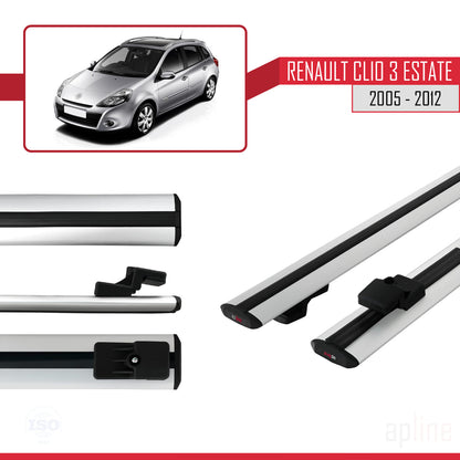 Compatible avec Renault Clio 3 Estate 2005-2012 BASIC Model Barres de Toit Railing Porte-Bagages de Voiture Gris Aluminium 2 Barres