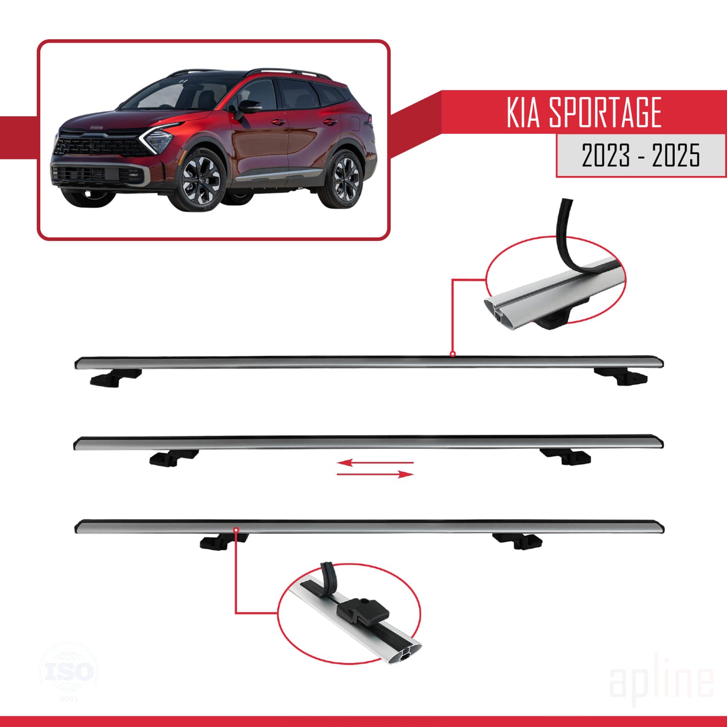 Compatible avec Kia Sportage 2023-2025 BASIC Model Barres de Toit Railing Porte-Bagages de Voiture Gris Aluminium 2 Barres