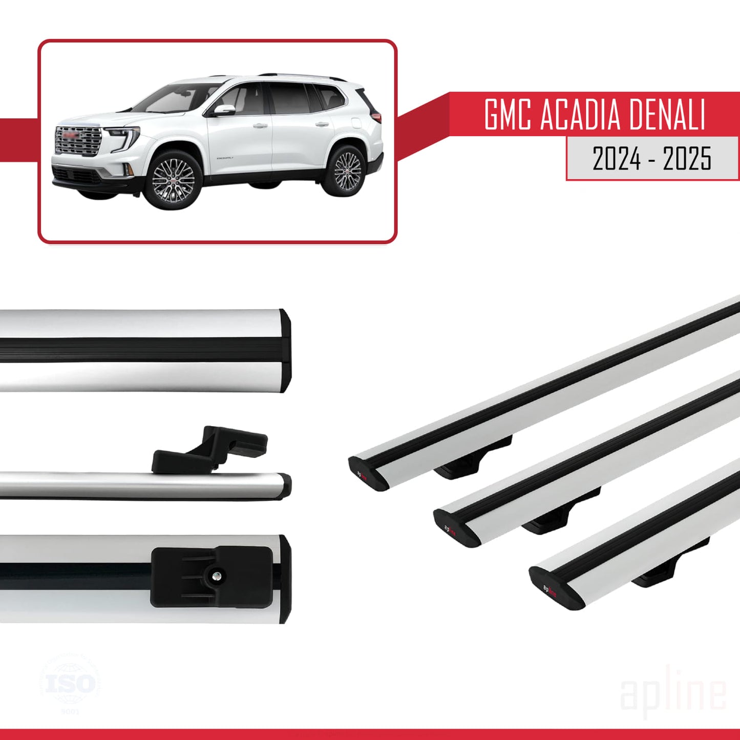 Compatible avec GMC Acadia Denali 2024-2025 BASIC Model Barres de Toit Railing Porte-Bagages de Voiture Gris Aluminium 3 Barres
