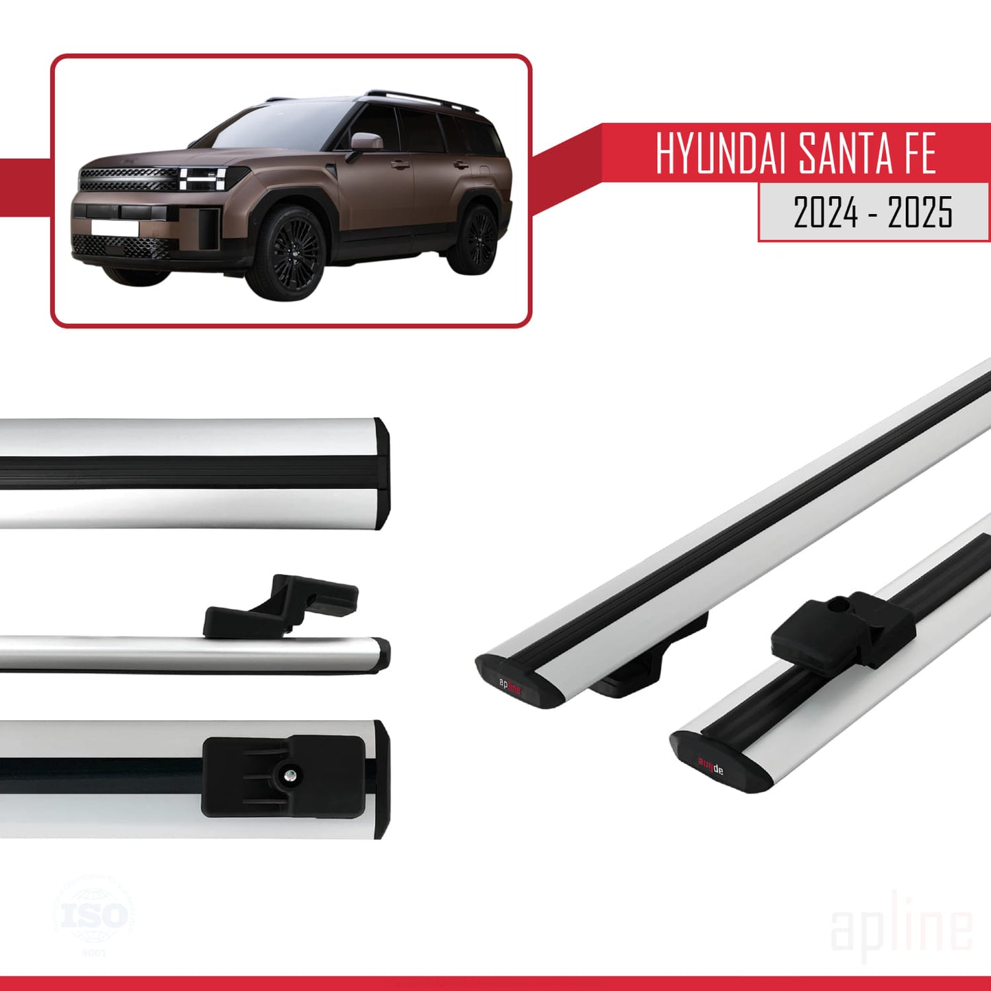 Compatible avec Hyundai Santa Fe 2024-2025 BASIC Model Barres de Toit Railing Porte-Bagages de Voiture Gris Aluminium 2 Barres