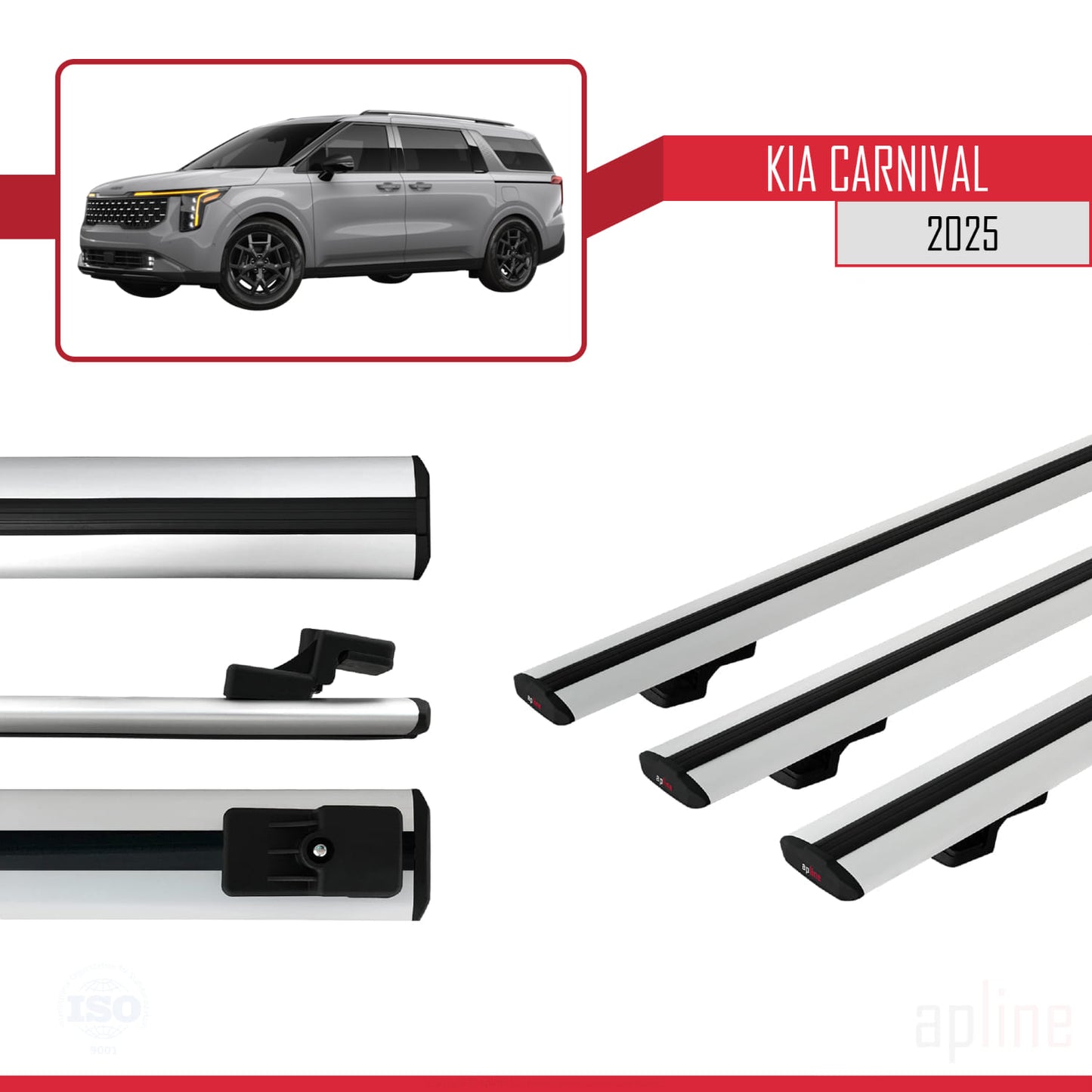 Compatible with Kia Carnival 2025 BASIC Model Car Roof Rack Cross Bar Grey Aluminium 3 Bars